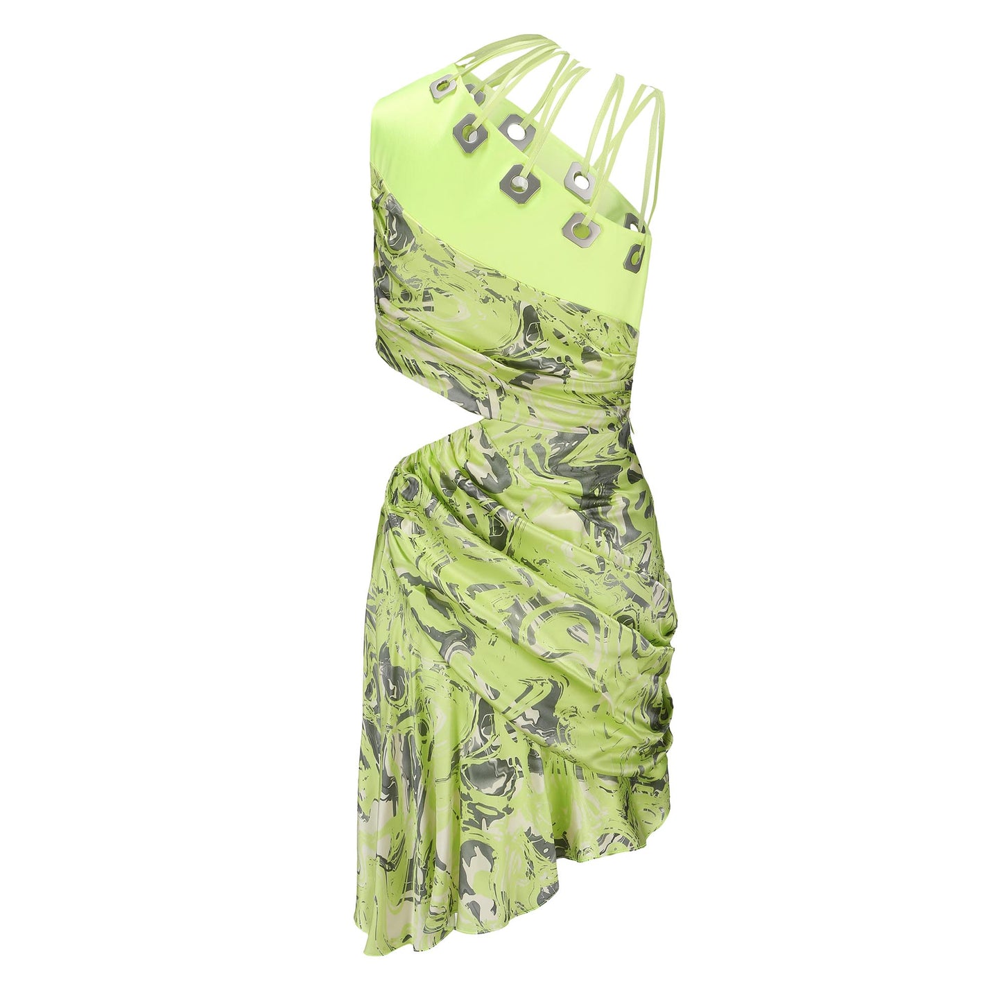 NEON GREEN PRINTED DRAPED DRESS WITH TIED. DETAIL
