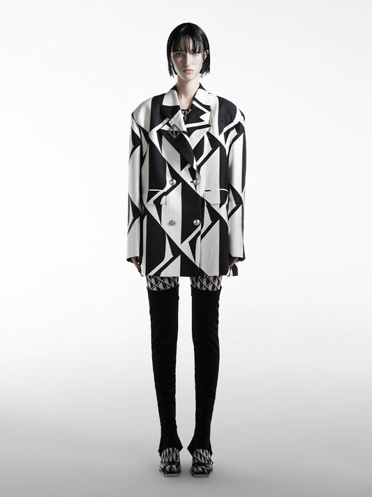 PRINTED DOUBLE-BREASED OVERSIZED BLAZER