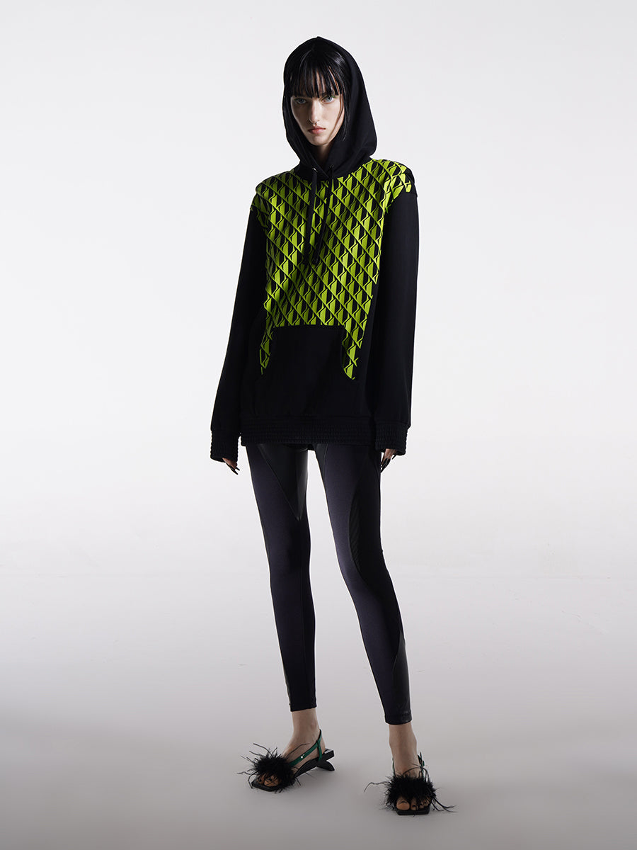 NEON GREEN PRINTED HOODIE WITH SHOULDER PAD
