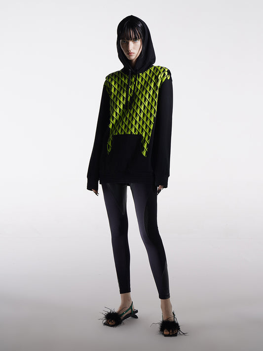 NEON GREEN PRINTED HOODIE WITH SHOULDER PAD