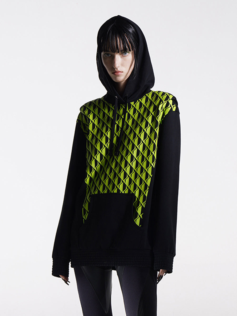NEON GREEN PRINTED HOODIE WITH SHOULDER PAD