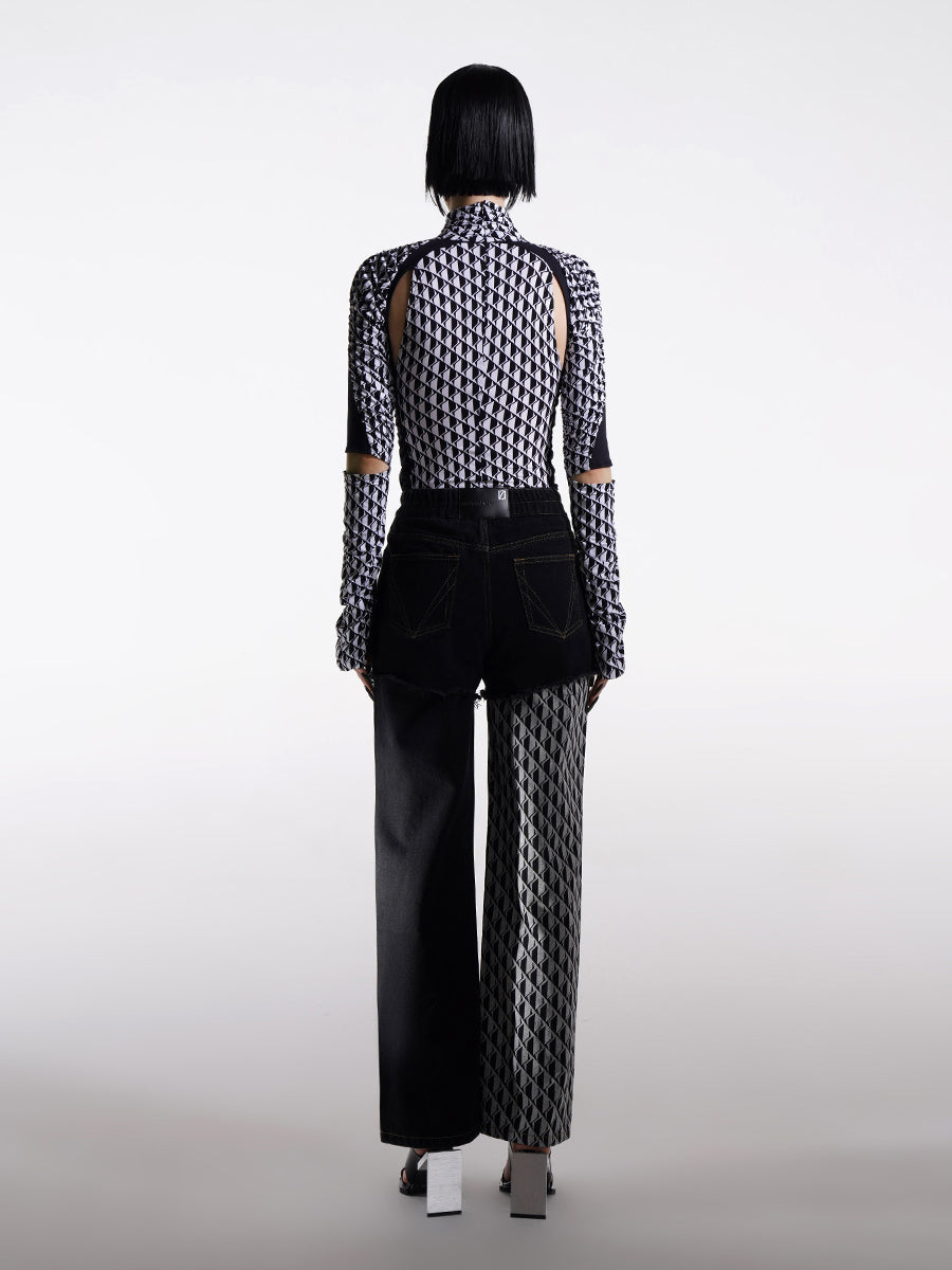 ASYMMETRIC CONTRAST PRINTED WIDE-LEG JEANS
