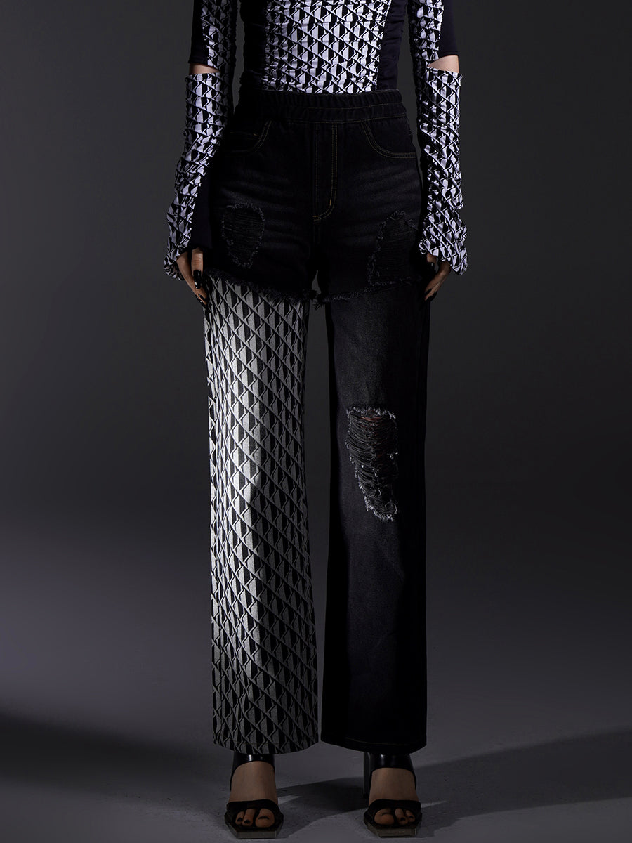 ASYMMETRIC CONTRAST PRINTED WIDE-LEG JEANS
