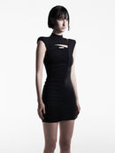 CUT-OUT GATHERED DRESS WITH SHOULDER PAD