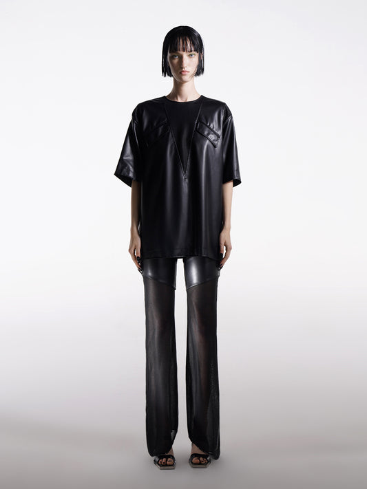CONTRAST FAUX LEATHER T-SHIRT