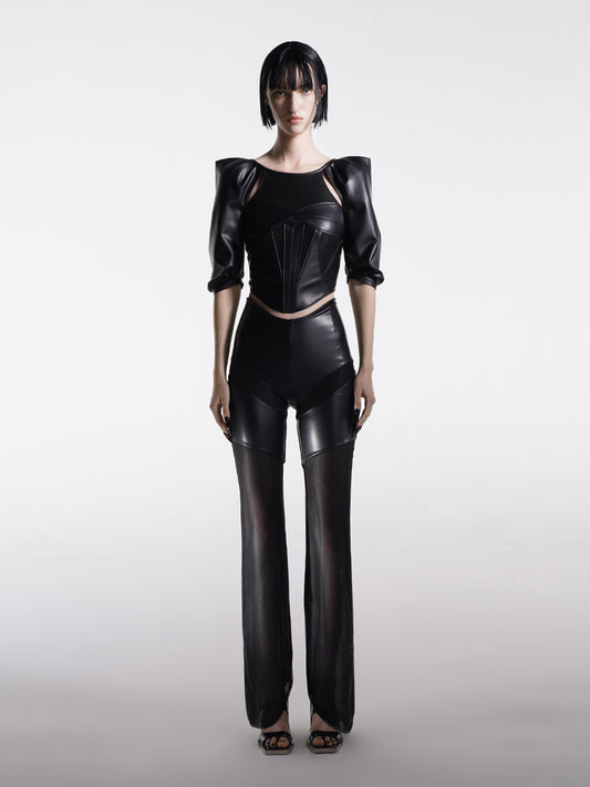 CONTRAST FAUX LEATHER TOP WITH CUT-OUT DETAIL