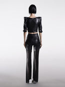 CONTRAST FAUX LEATHER TOP WITH CUT-OUT DETAIL