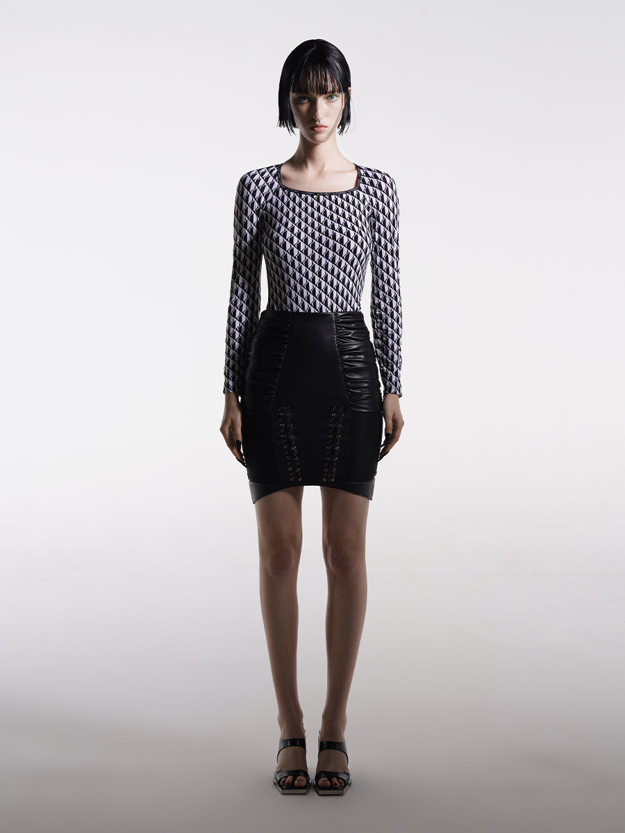 GATHERED FAUX LEATHER PENCIL SKIRT