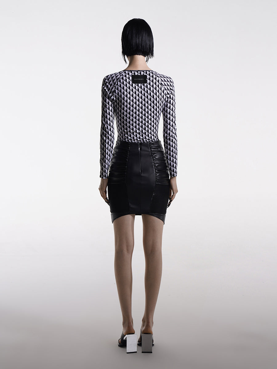 GATHERED FAUX LEATHER PENCIL SKIRT