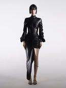 ASYMMETRIC FAUX LEATHER GATHERED SKIRT