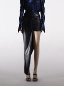 ASYMMETRIC FAUX LEATHER GATHERED SKIRT