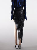 ASYMMETRIC FAUX LEATHER GATHERED SKIRT