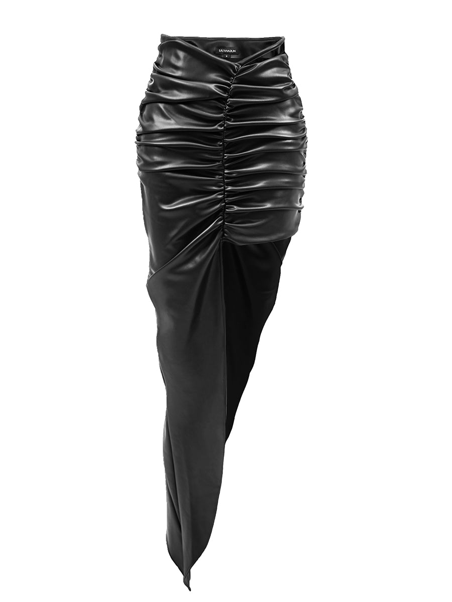 ASYMMETRIC FAUX LEATHER GATHERED SKIRT
