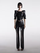 CONTRAST FAUX LEATHER STRAIGHT PANTS