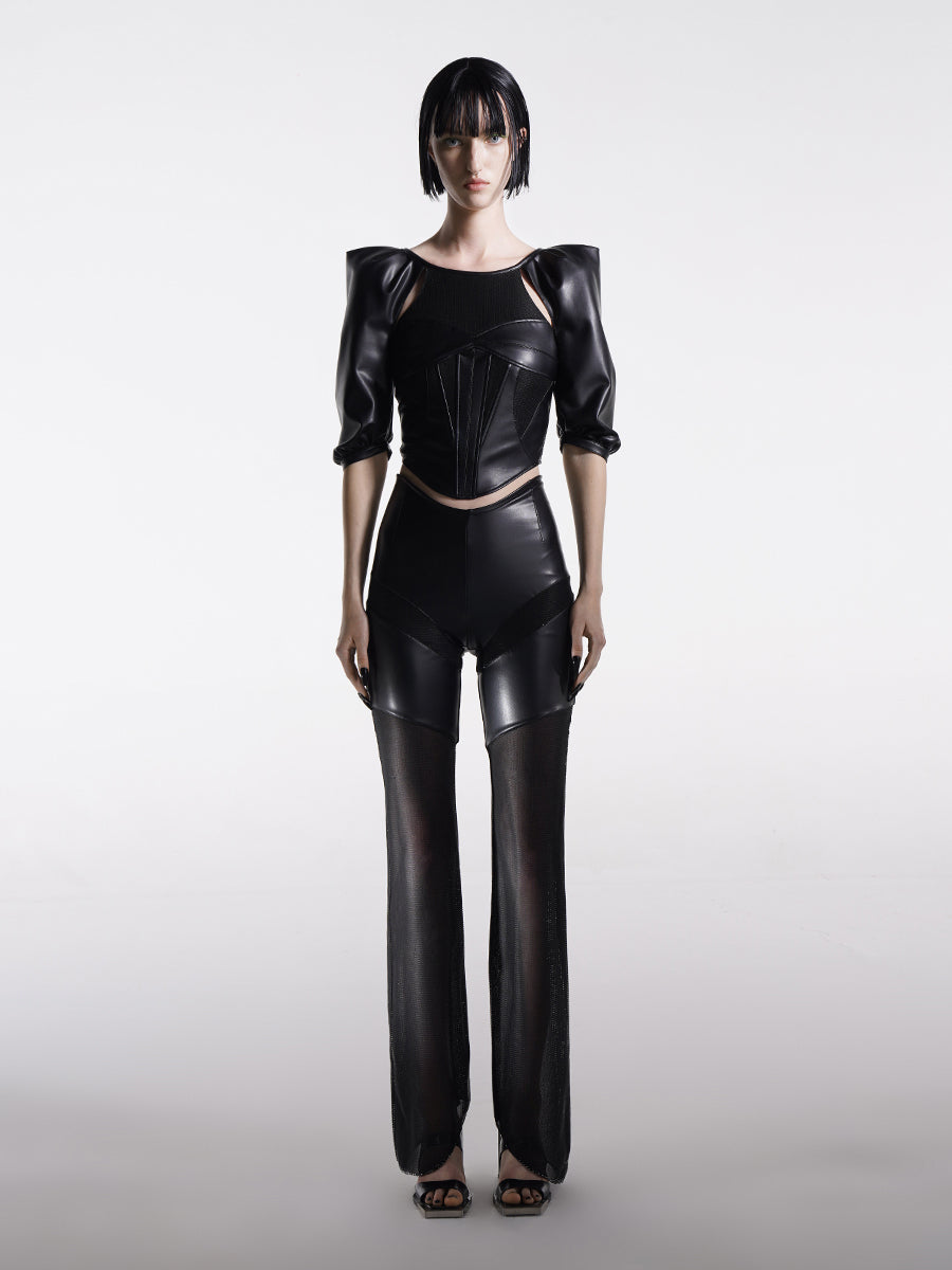 CONTRAST FAUX LEATHER STRAIGHT PANTS