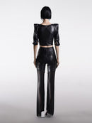 CONTRAST FAUX LEATHER STRAIGHT PANTS