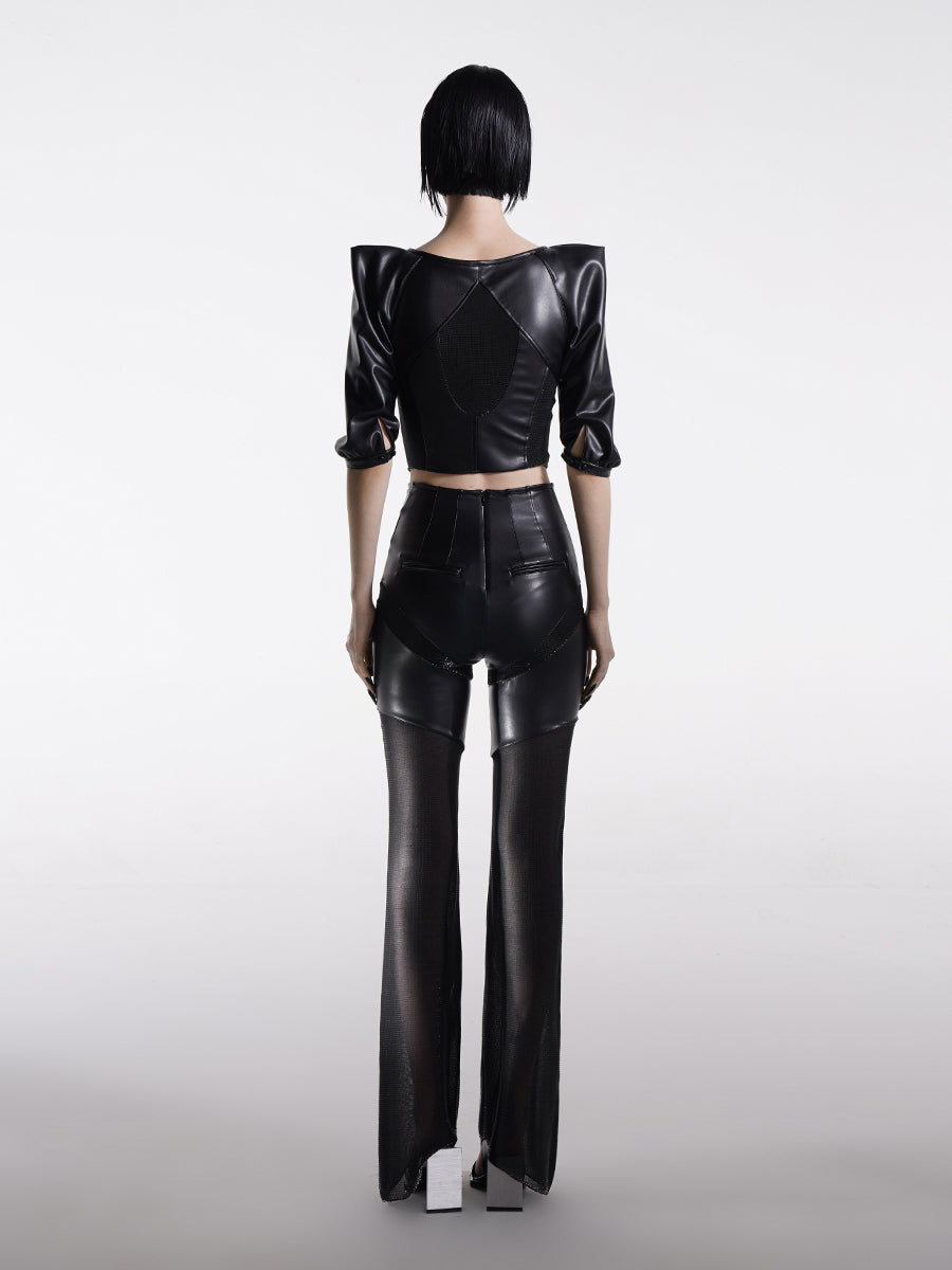 CONTRAST FAUX LEATHER STRAIGHT PANTS