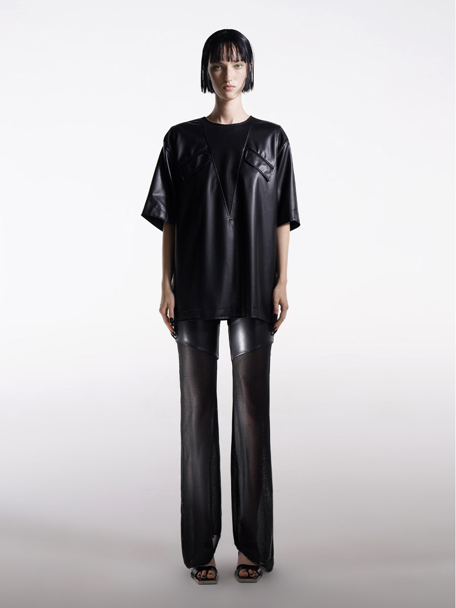 CONTRAST FAUX LEATHER STRAIGHT PANTS