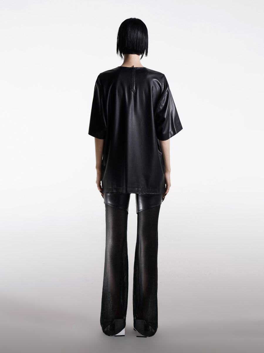 CONTRAST FAUX LEATHER STRAIGHT PANTS