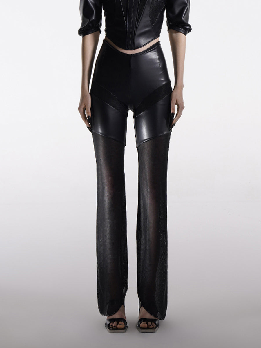 CONTRAST FAUX LEATHER STRAIGHT PANTS