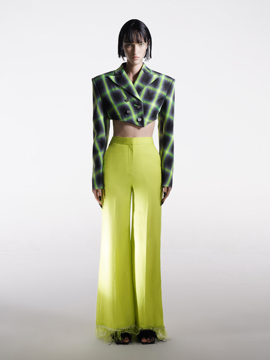 GREEN WIDE-LEG PANTS WITH FEATHERS