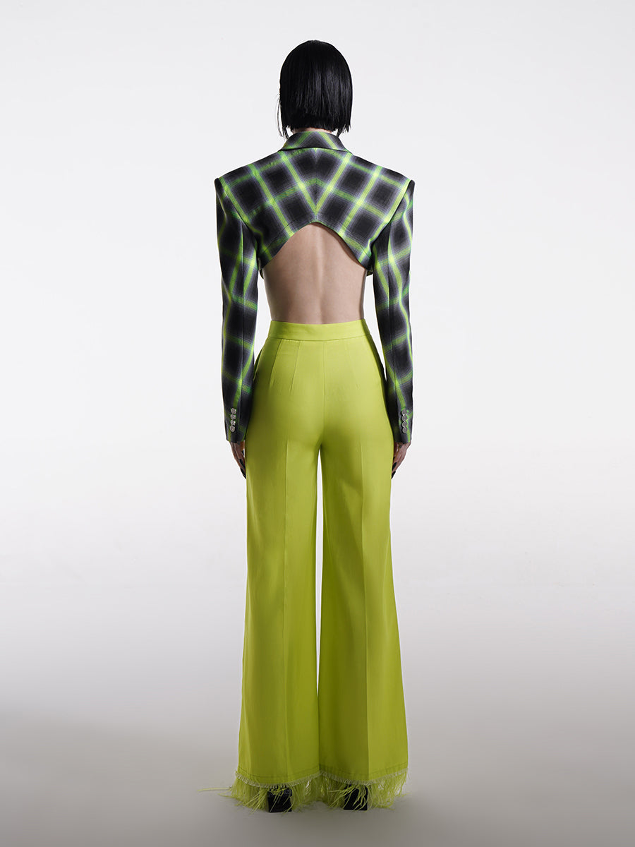 GREEN WIDE-LEG PANTS WITH FEATHERS