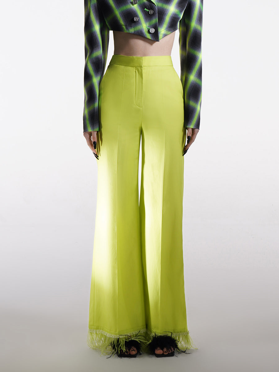 GREEN WIDE-LEG PANTS WITH FEATHERS
