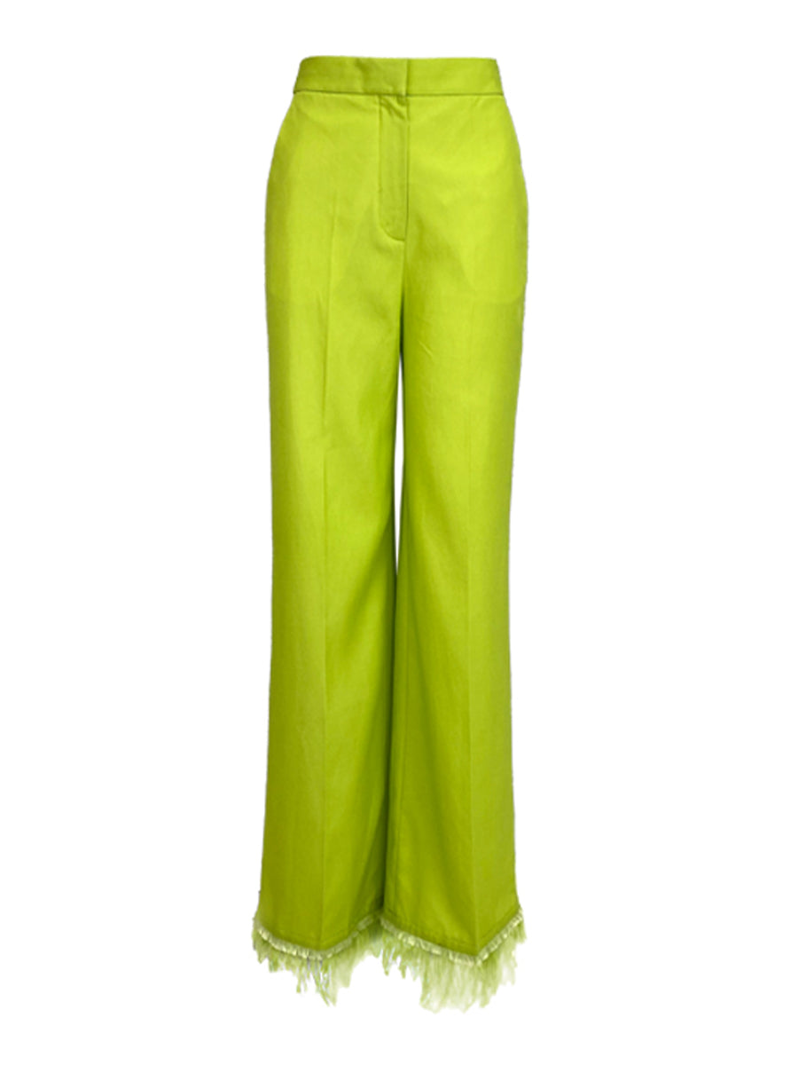 GREEN WIDE-LEG PANTS WITH FEATHERS