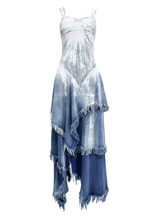 WAISTED DENEM DRESS WITH HAND PAINTING